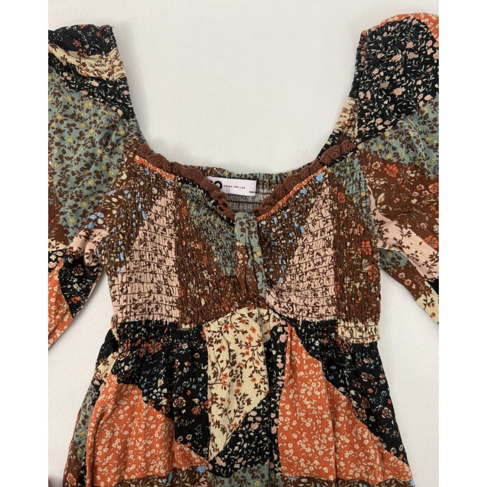 SO Patchwork Peasant Blouse Boho Floral Smocked Fall Festival Top Womens Size S - Picture 5 of 10